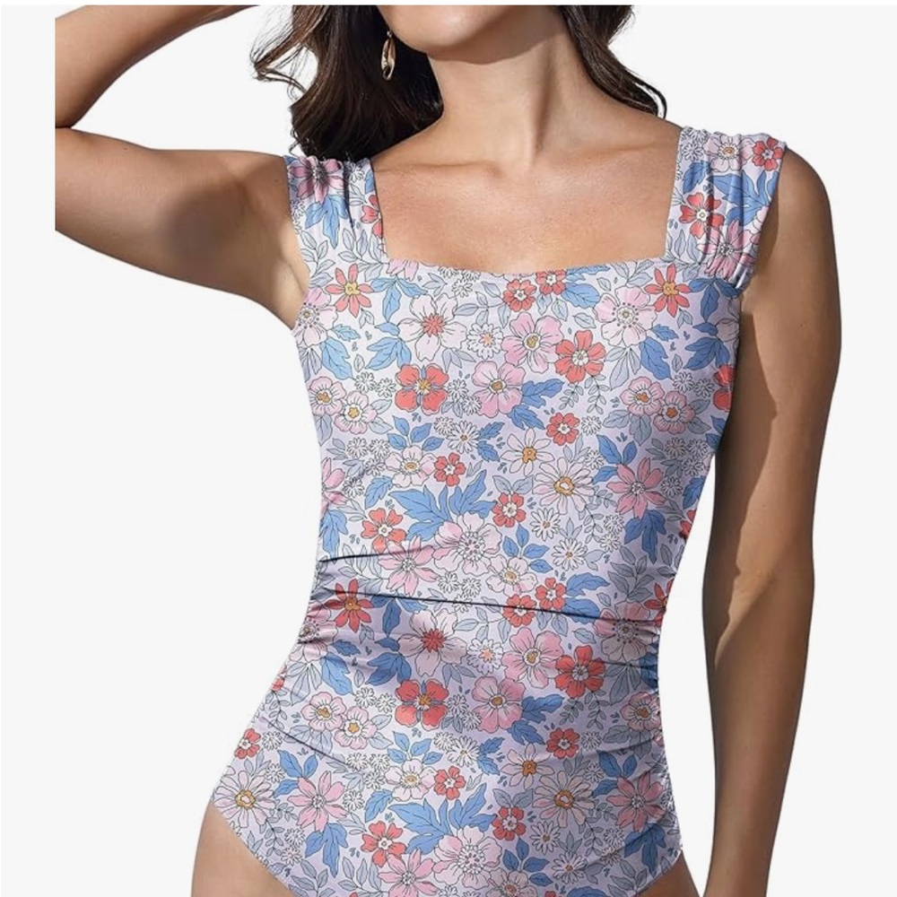 B2PRITY One piece swimsuit, orange & blue flowers